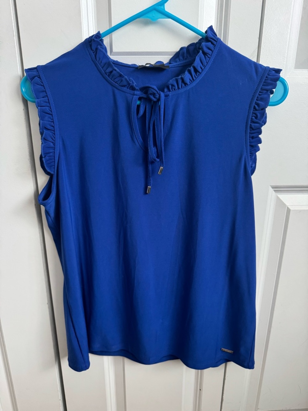 Tahari Royal Blue Ruffle Tie-Neck Sleeveless Top